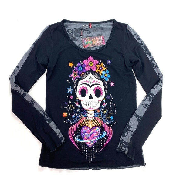 AY Guey Mexicans Skull Print Sheer Long-sleeve Shirt Black Size S New with Tags - Picture 7 of 8